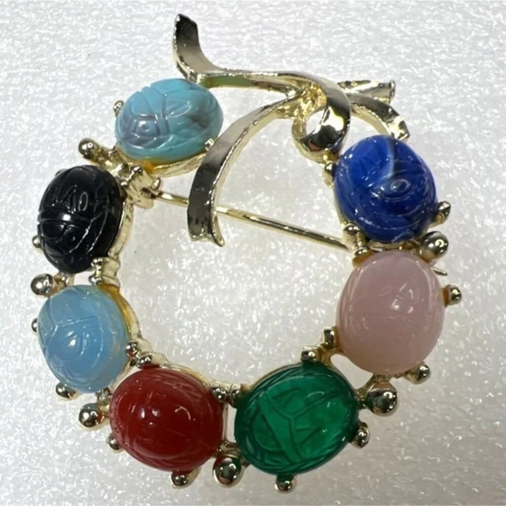 Vintage‎ Egyptian Revival Brooch Pin Scarab Multicolor Beetle Insects Gold Tone
